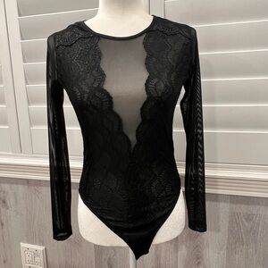 Forever 21 Black Sheer Lace Long Sleeve Bodysuit Size M Whimsigoth Sleaze Vamps